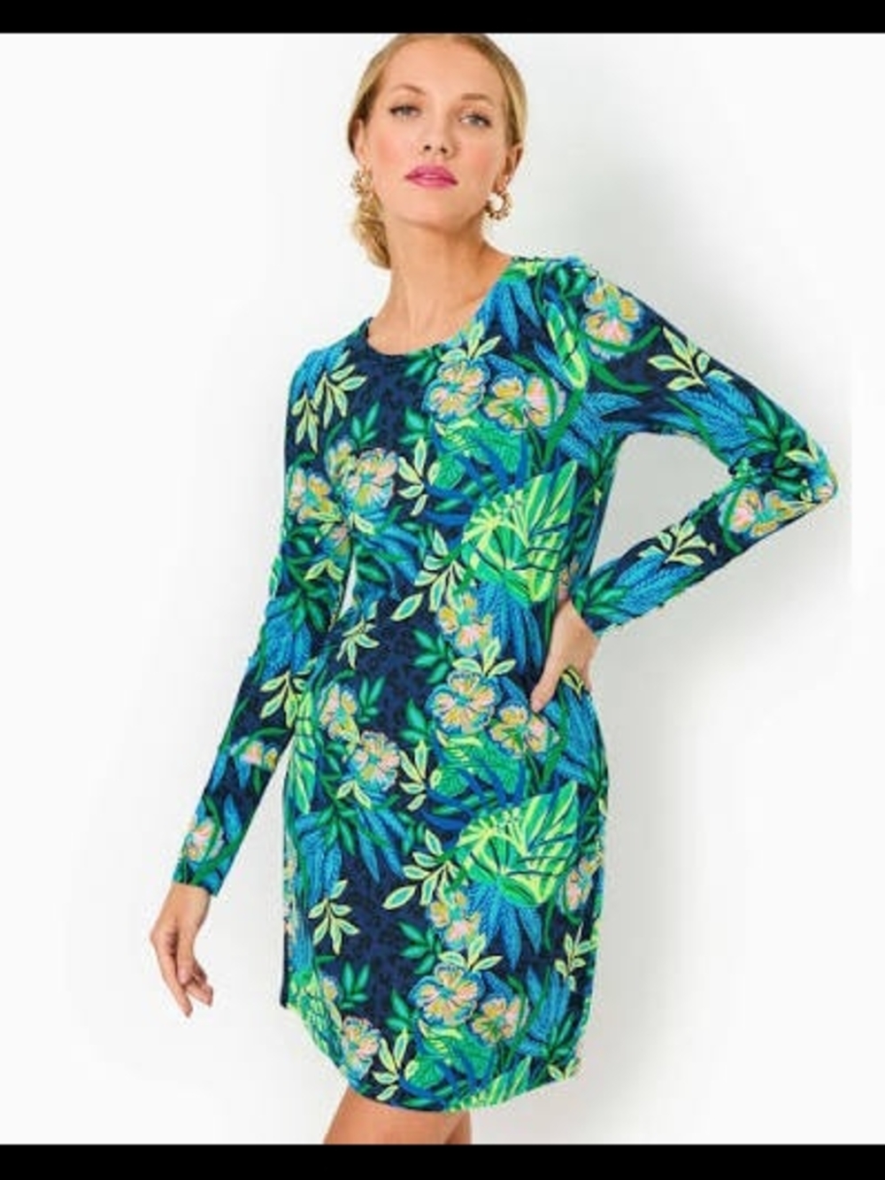 Lilly Pulitzer Navy Blue Tropical Floral‎ Top with Green and Yellow Accents